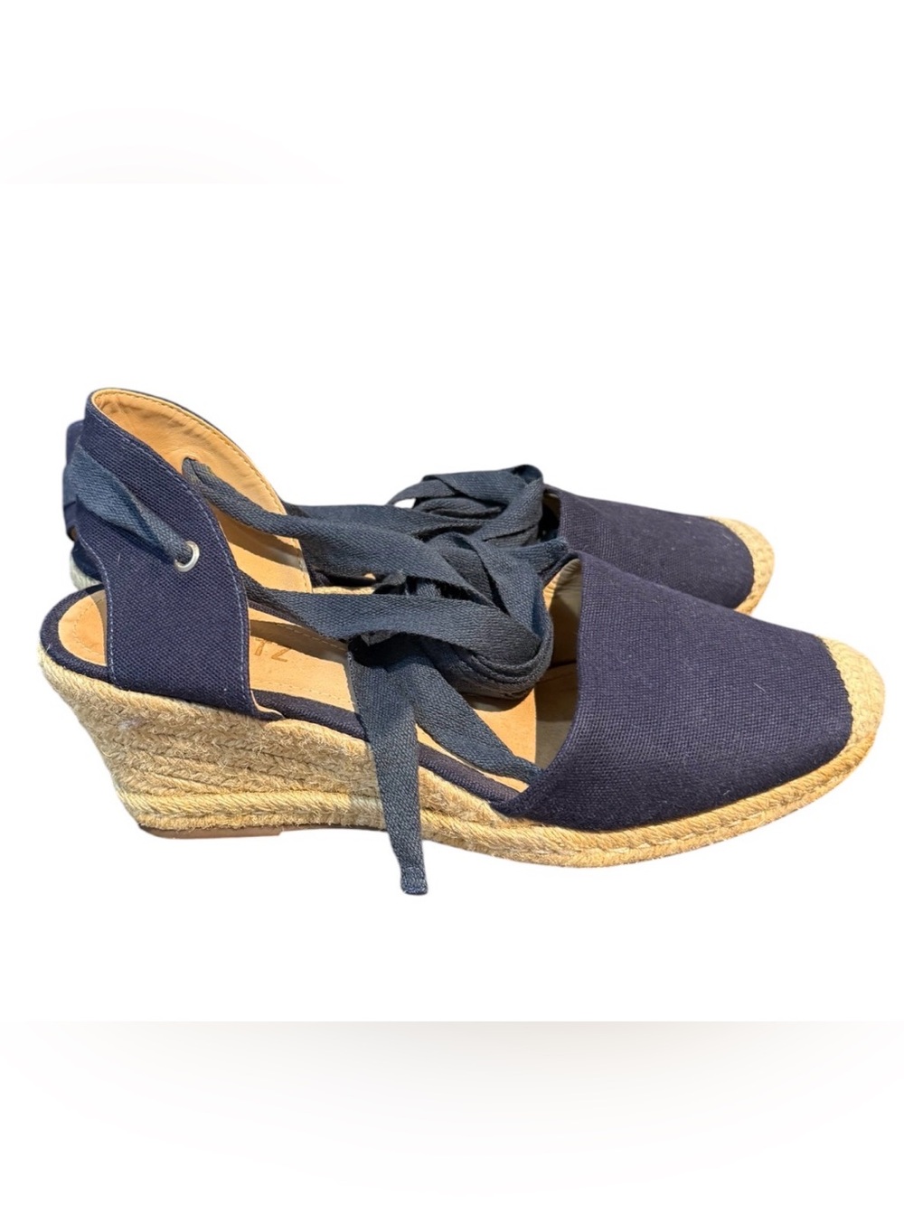 Schutz Navy Canvas Espadrille Wedge Sandals with Ankle Tie